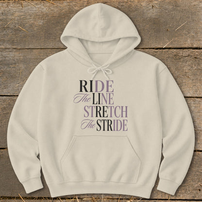 Cream hoodie with "RIDE The LINE STRETCH The STRIDE" text in purple and black.