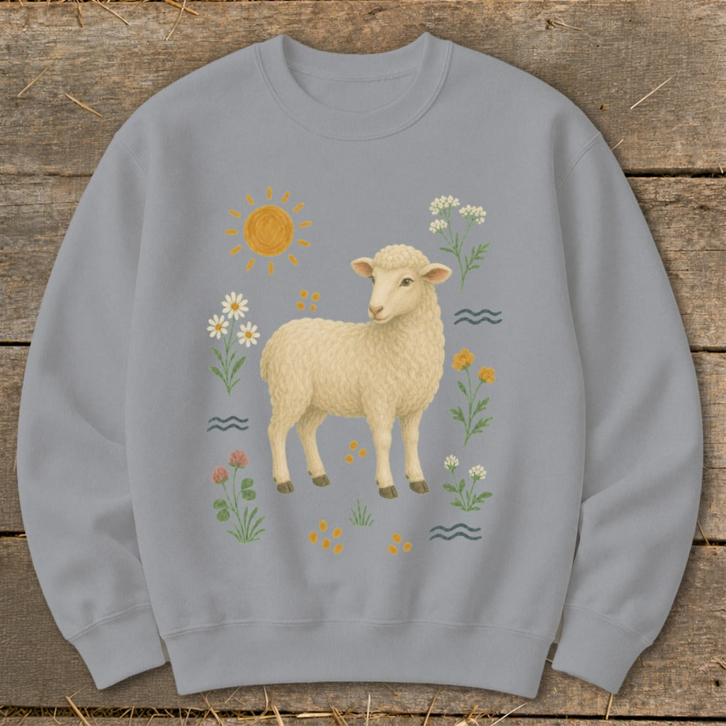 Gray sweatshirt with a cream sheep, sun, and floral illustrations.