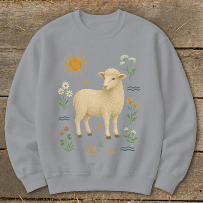 Gray sweatshirt with a cream sheep, sun, and floral illustrations.