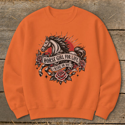 Orange sweatshirt with a horse, roses, and "Horse Girl For Life Ride Or Die" text graphic.