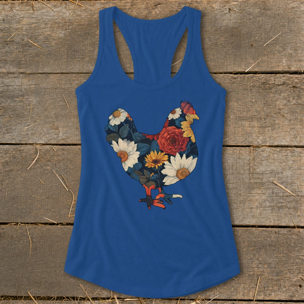 Blue racerback tank top with a floral chicken graphic design.