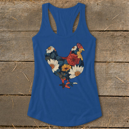 Blue racerback tank top with a floral chicken graphic design.