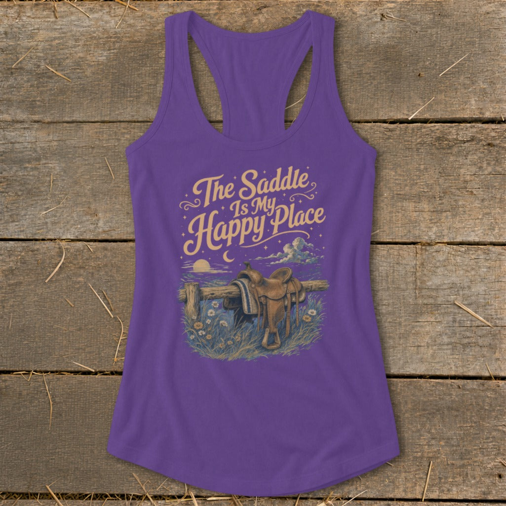 Purple tank top with "The Saddle Is My Happy Place" text and saddle graphic.
