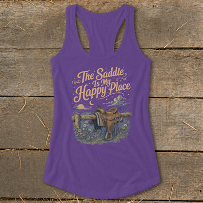 Purple tank top with "The Saddle Is My Happy Place" text and saddle graphic.