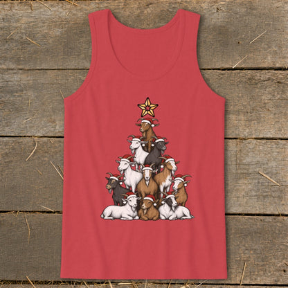 Red tank top with a Christmas tree made of goats wearing Santa hats.