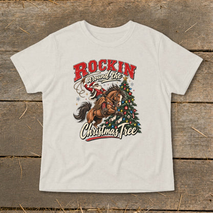 Santa on a horse lassoing near a Christmas tree with text "Rockin Around the Christmas Tree."