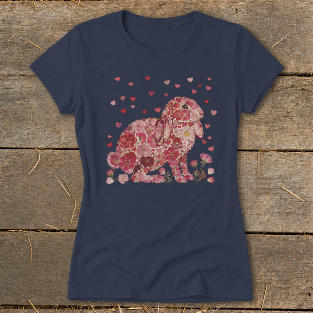 Navy t-shirt with floral rabbit graphic surrounded by pink and red hearts.