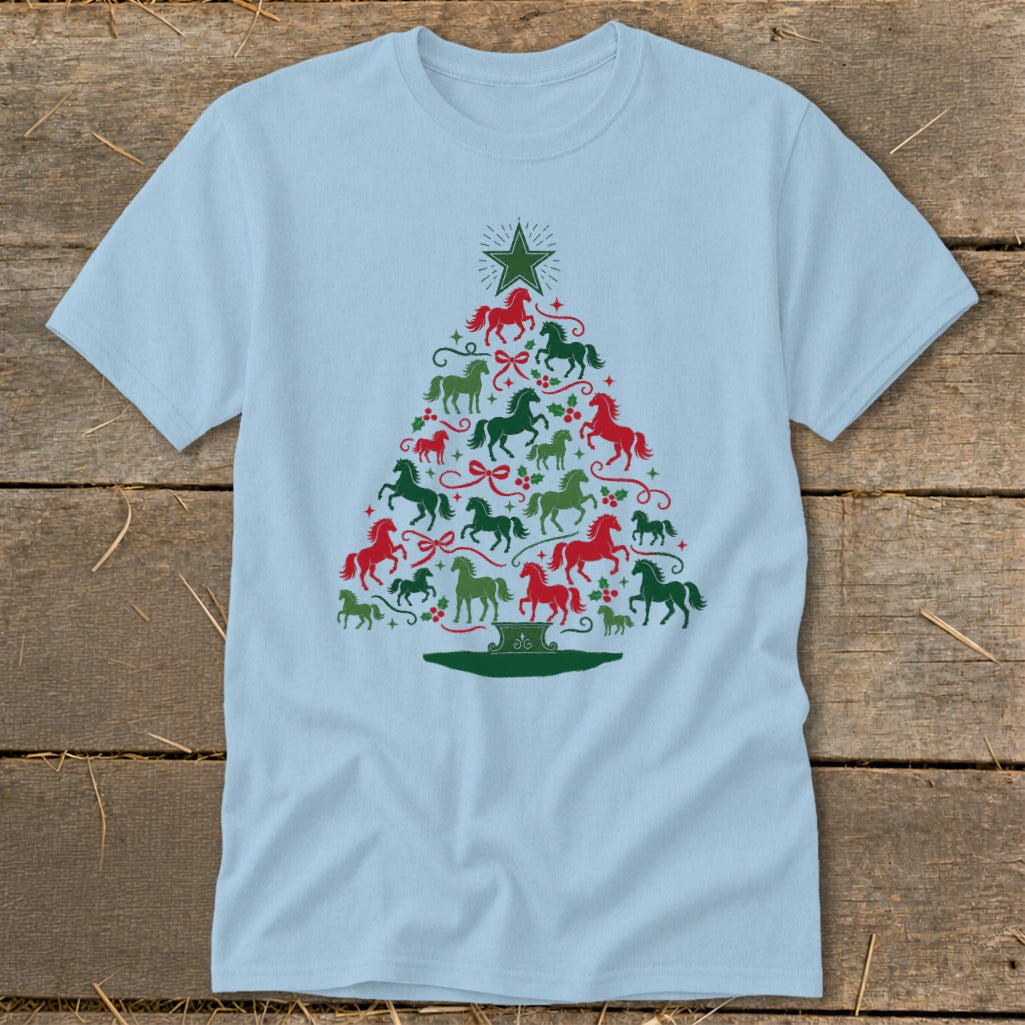 Light blue t-shirt with a Christmas tree design made of red and green horses.