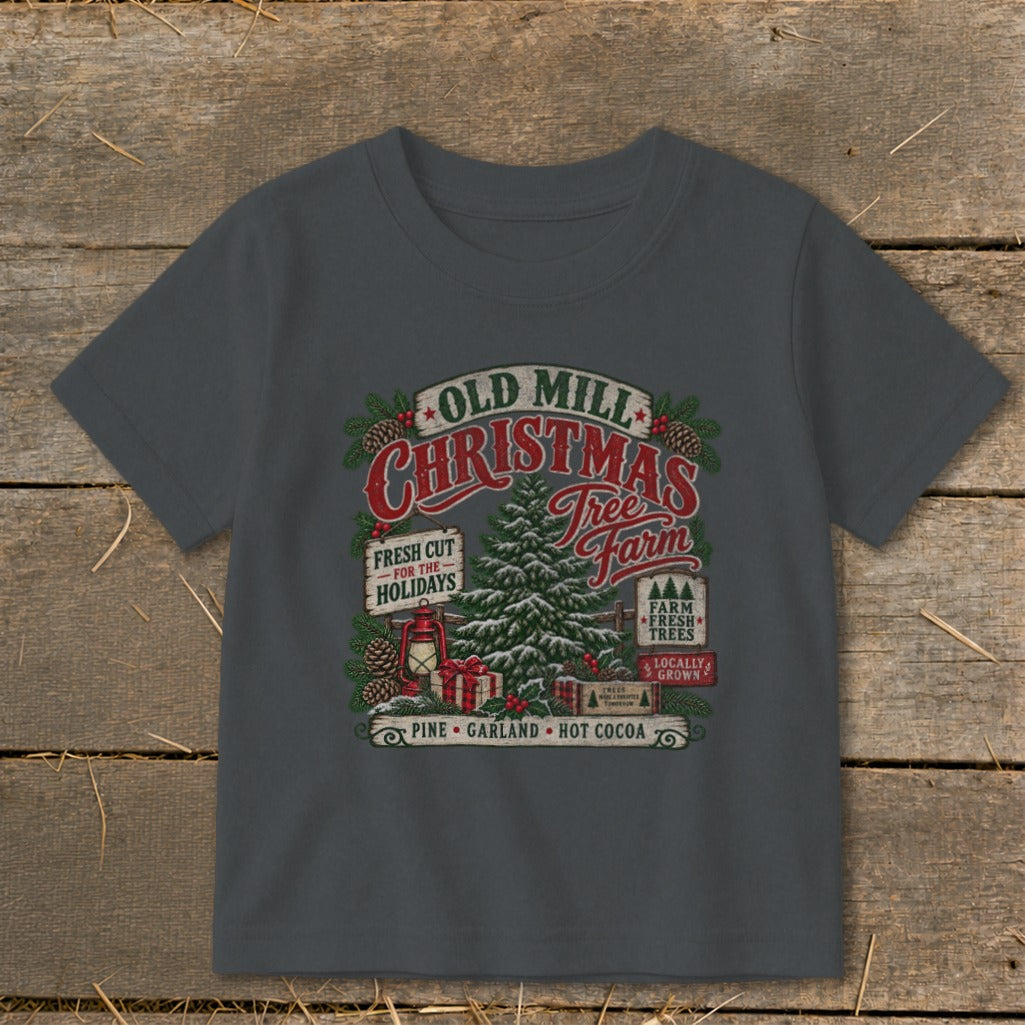 Christmas Tree Farm graphic with text "Old Mill Christmas Tree Farm", "Fresh Cut for the Holidays", and "Pine, Garland, Hot Cocoa".