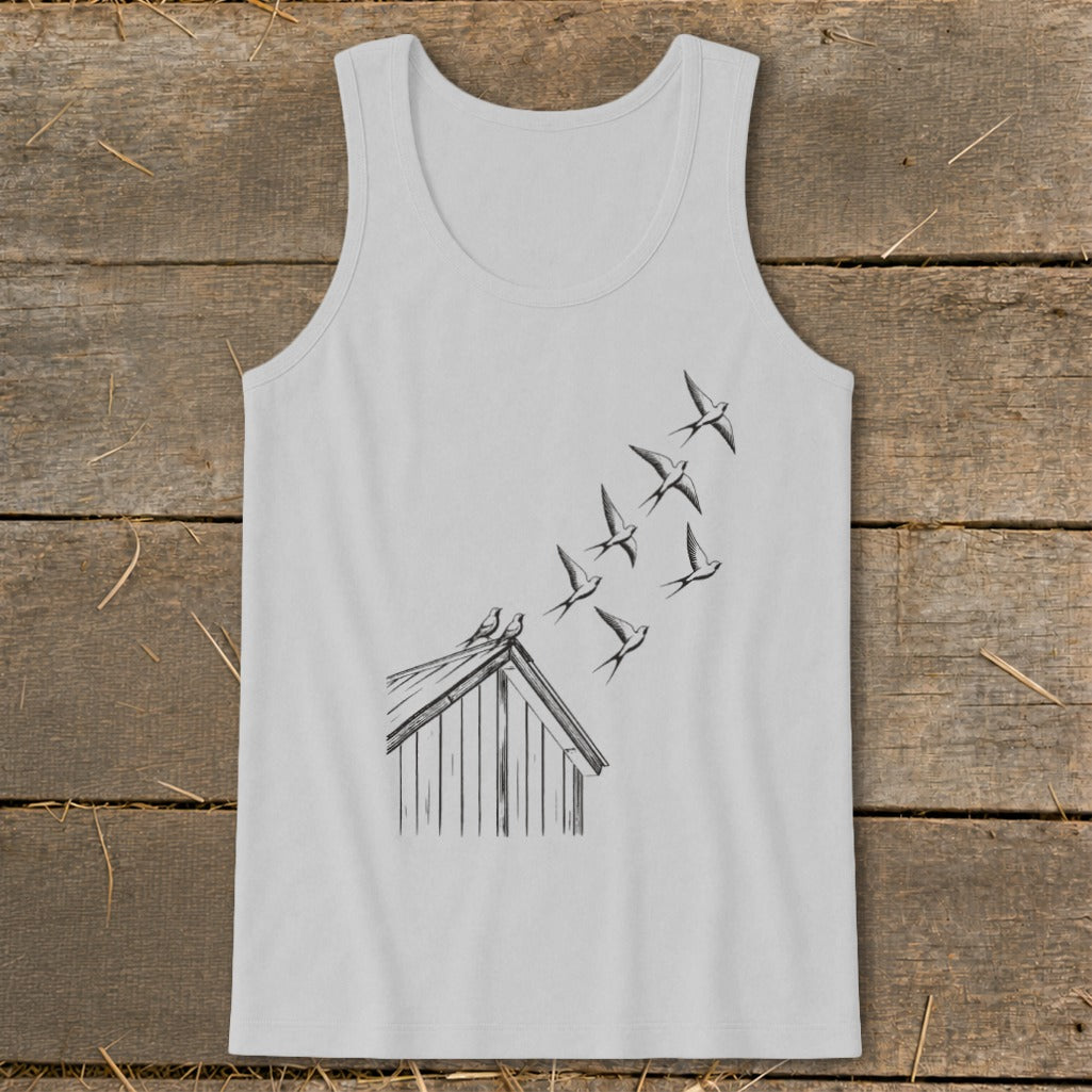 Light gray tank top featuring a black line drawing of swallows flying from a rooftop.