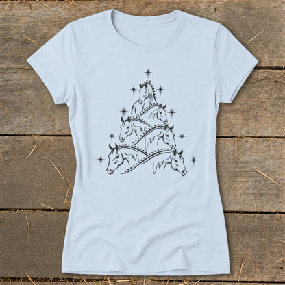 Light blue t-shirt with a black line drawing of horses forming a Christmas tree shape.