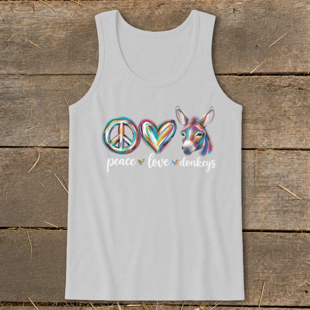 Tank top with peace sign, heart, and colorful donkey art, text reads "peace love donkeys."
