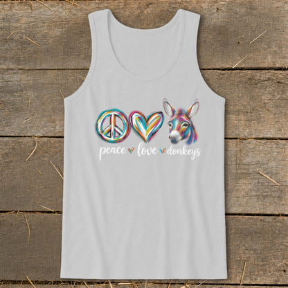 Tank top with peace sign, heart, and colorful donkey art, text reads "peace love donkeys."