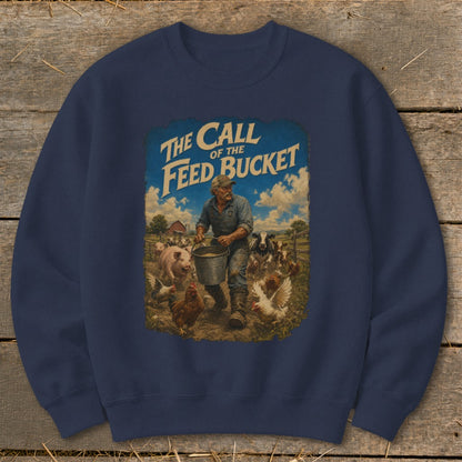 Farmer feeding livestock with text "The Call of the Feed Bucket".