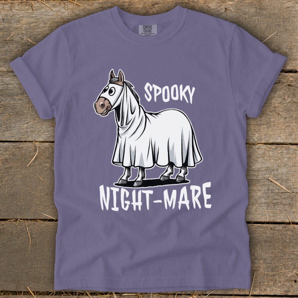 Horse in ghost costume with text "SPOOKY NIGHT-MARE"