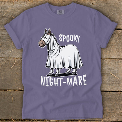 Horse in ghost costume with text "SPOOKY NIGHT-MARE"