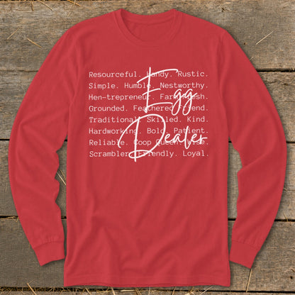 Red long-sleeve shirt with "Egg Dealer" text and descriptive words.