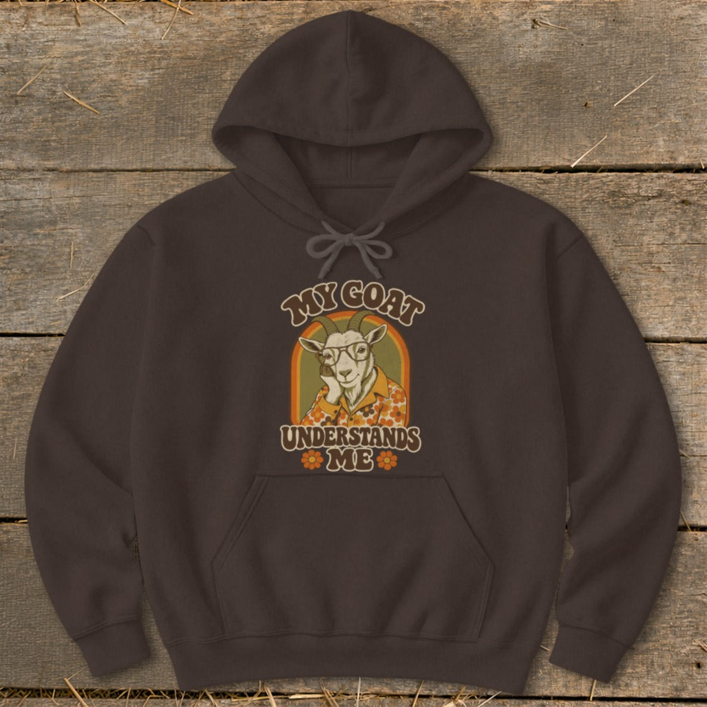 Brown hoodie with text and illustration of a goat wearing glasses.