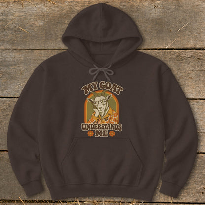 Brown hoodie with text and illustration of a goat wearing glasses.