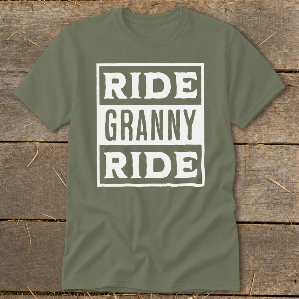 Olive green t-shirt with white text "RIDE GRANNY RIDE" in three stacked boxes.