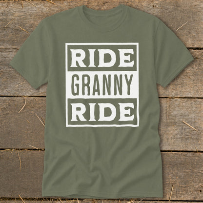 Olive green t-shirt with white text "RIDE GRANNY RIDE" in three stacked boxes.