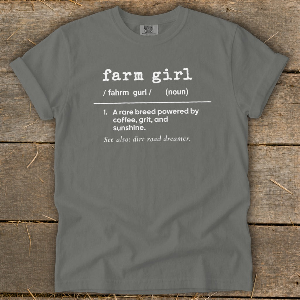Gray t-shirt with white text defining "farm girl" as a rare breed powered by coffee, grit, and sunshine.