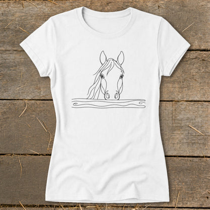 White t-shirt with a black line drawing of a horse's head emerging from water.