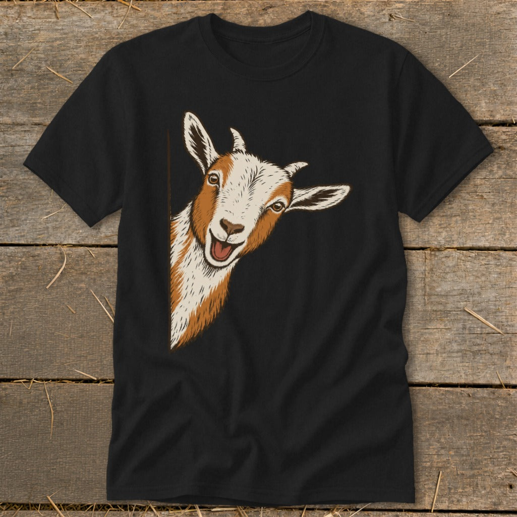 Black t-shirt with a smiling goat peeking from the side.