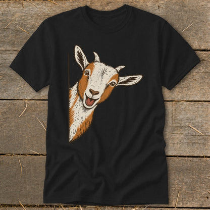 Black t-shirt with a smiling goat peeking from the side.