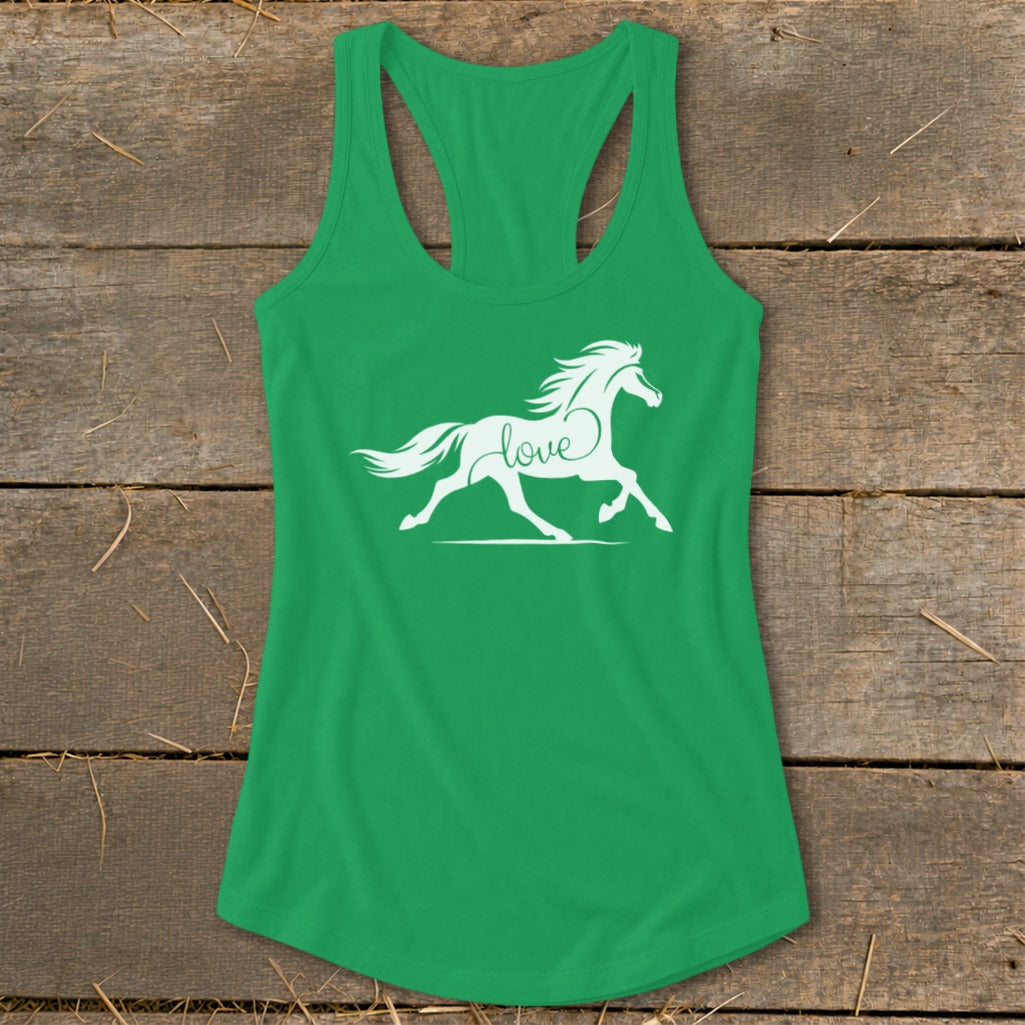 Green tank top with white horse silhouette and "love" text design.