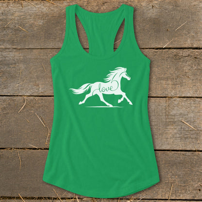 Green tank top with white horse silhouette and "love" text design.