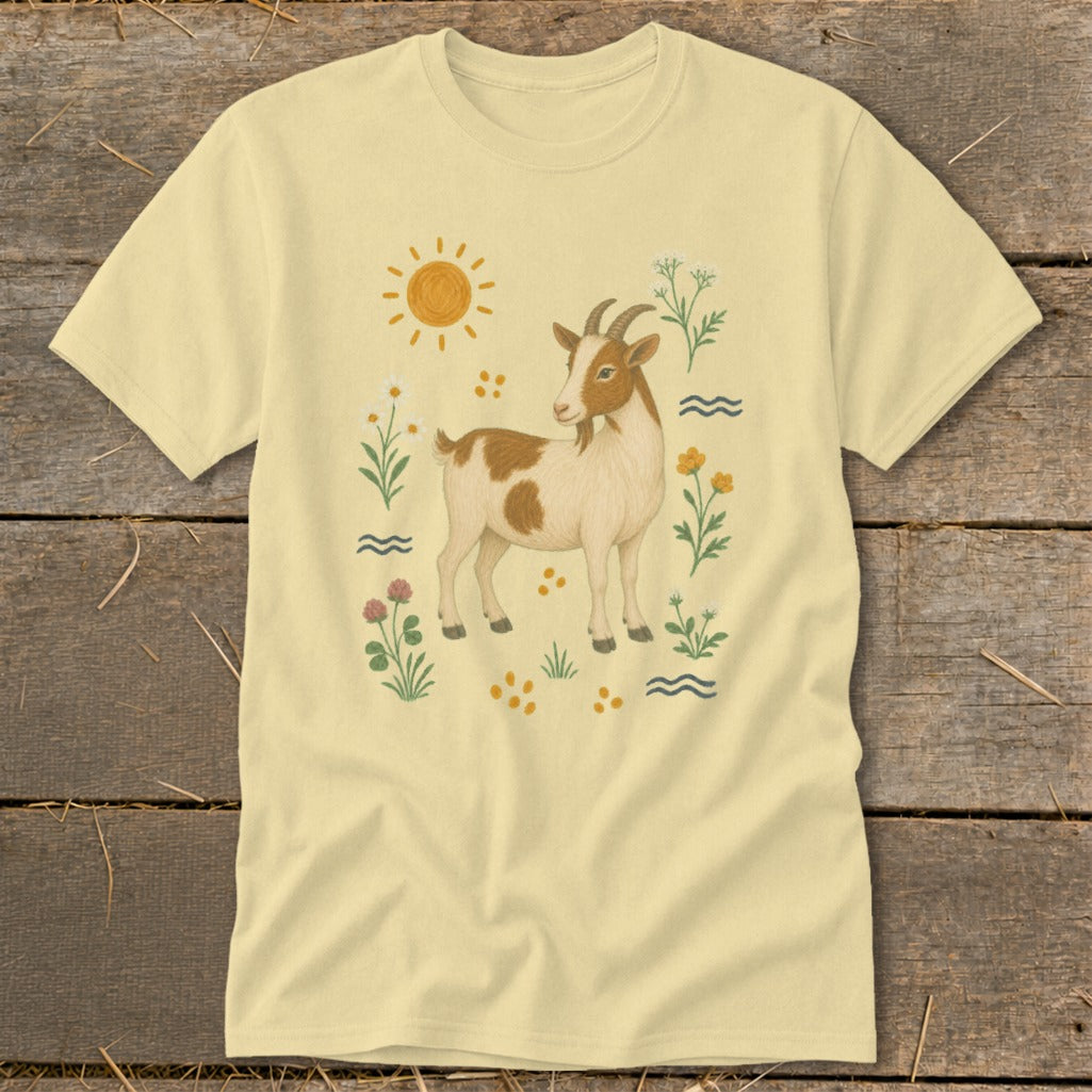Light yellow t-shirt with a brown and white goat illustration surrounded by flowers and a sun.