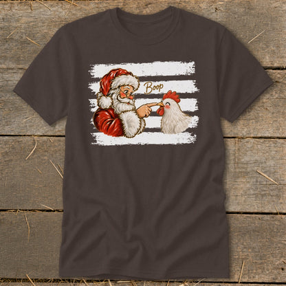 Santa booping a chicken with the word "Boop" above them on a striped background.