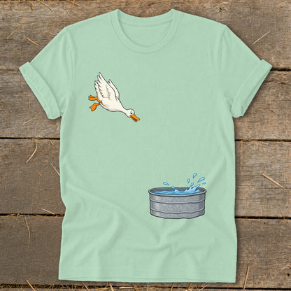 White cartoon duck jumping into a galvanized tub of water.