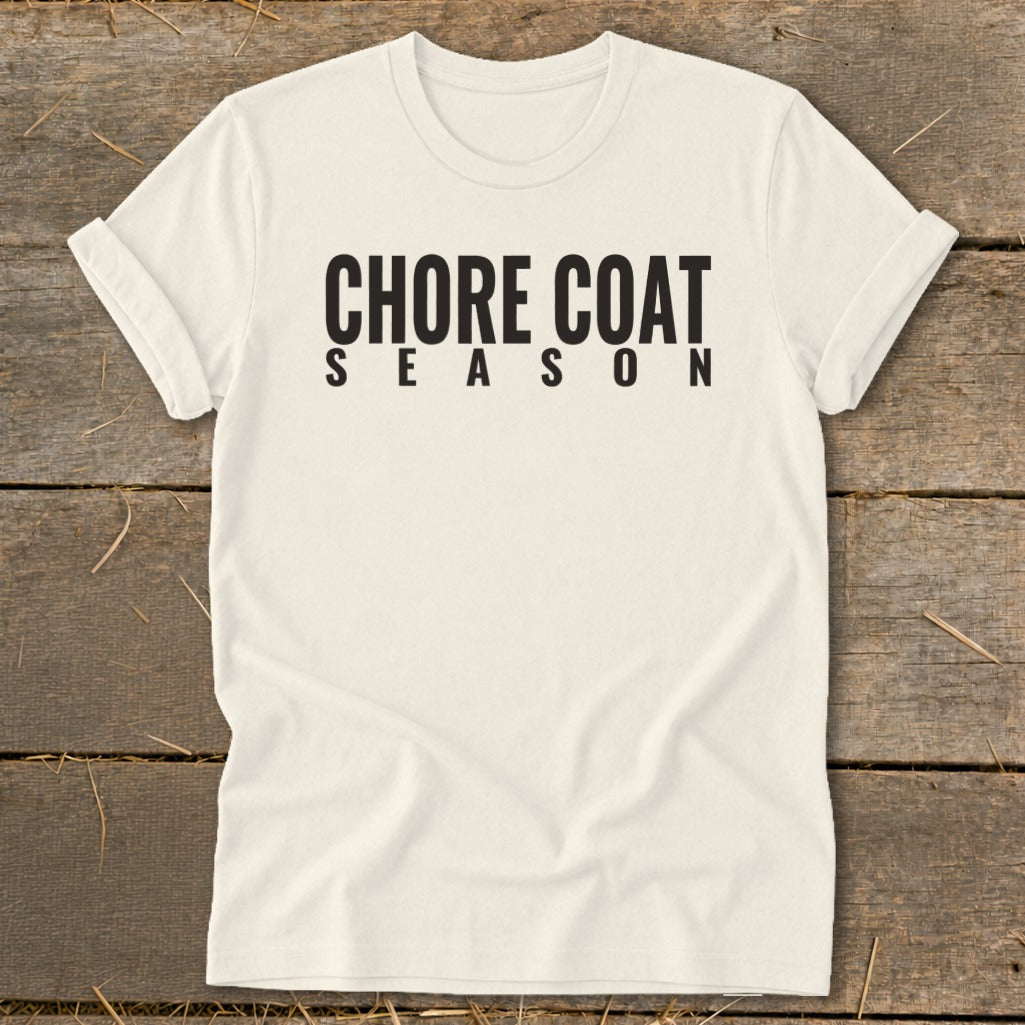 Cream t-shirt with "CHORE COAT SEASON" text in black capital letters.
