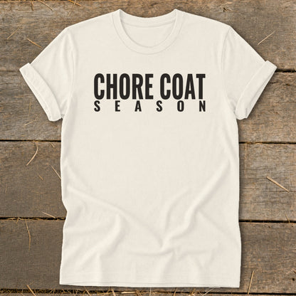 Cream t-shirt with "CHORE COAT SEASON" text in black capital letters.