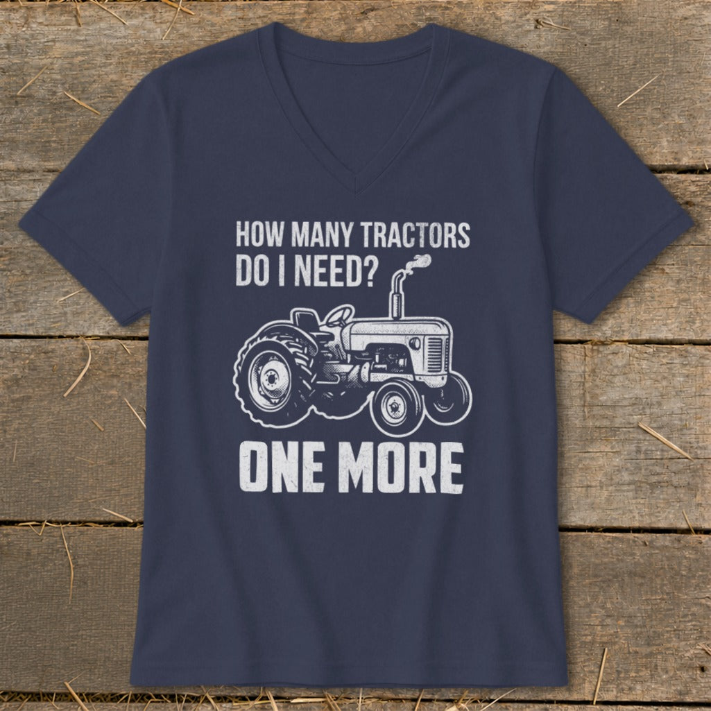 Navy t-shirt with graphic saying "How Many Tractors Do I Need? One More."