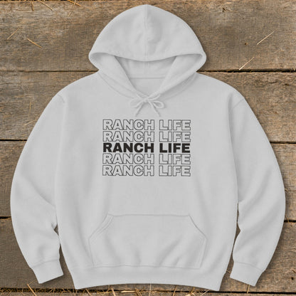 Light gray hooded sweatshirt featuring the words RANCH LIFE repeated in stacked block letters on the chest.