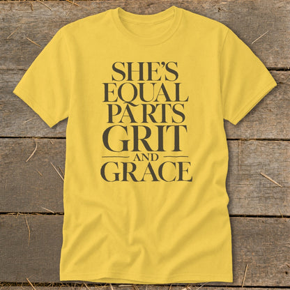Yellow t-shirt with "SHE'S EQUAL PARTS GRIT AND GRACE" text.