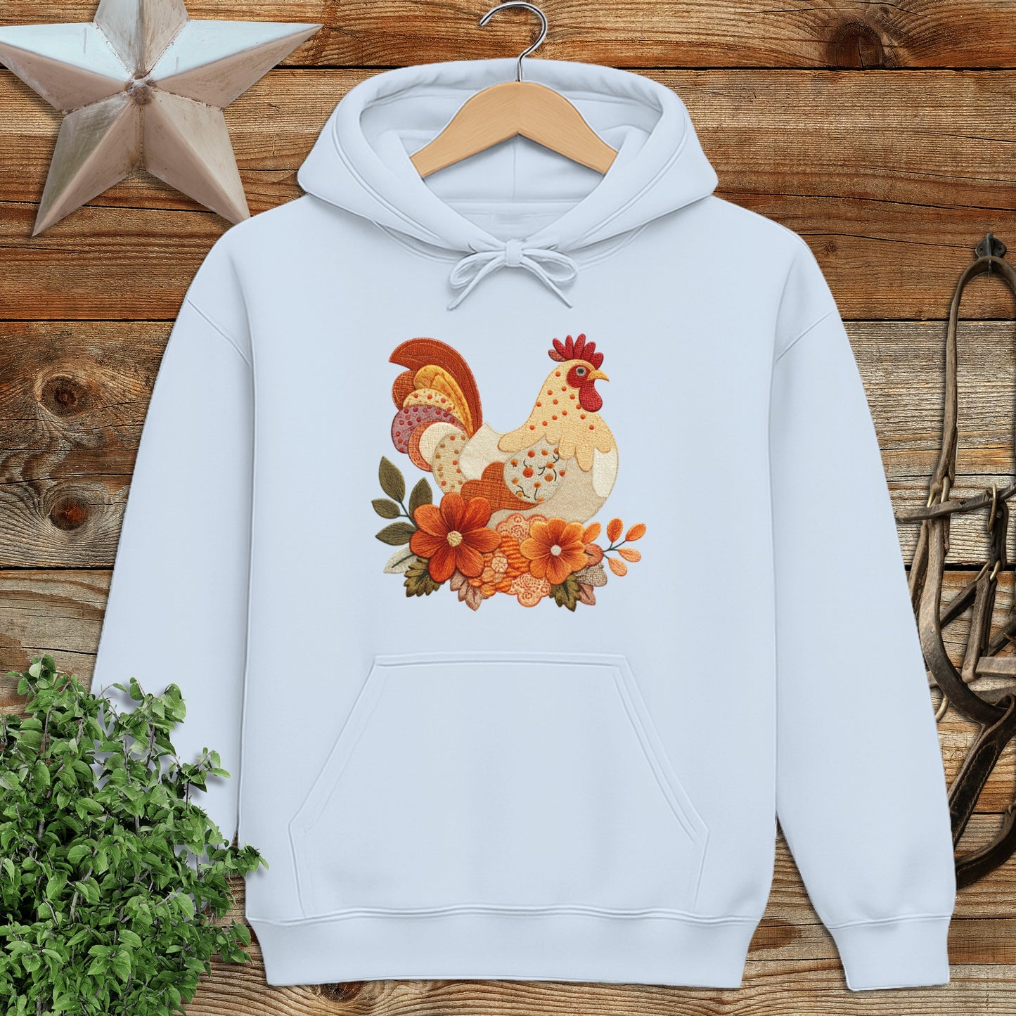 Cozy White Hoodie with Colorful Rooster Design product type