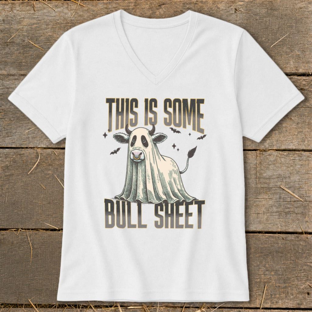 White t-shirt with a ghost cow wearing a ring and text reading "This is some bull sheet".