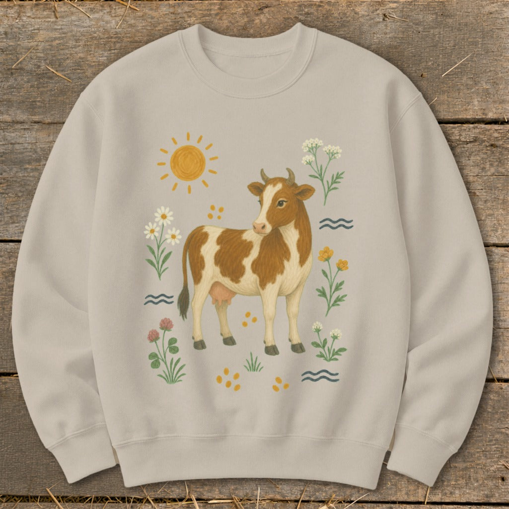 Tan sweatshirt with a brown and white cow surrounded by flowers, sun, and waves.