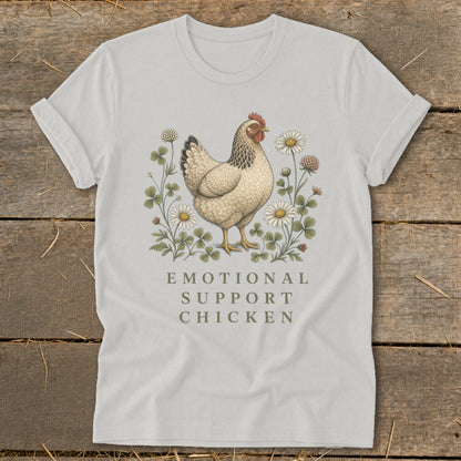 Light grey t-shirt with a chicken illustration and the text "EMOTIONAL SUPPORT CHICKEN".