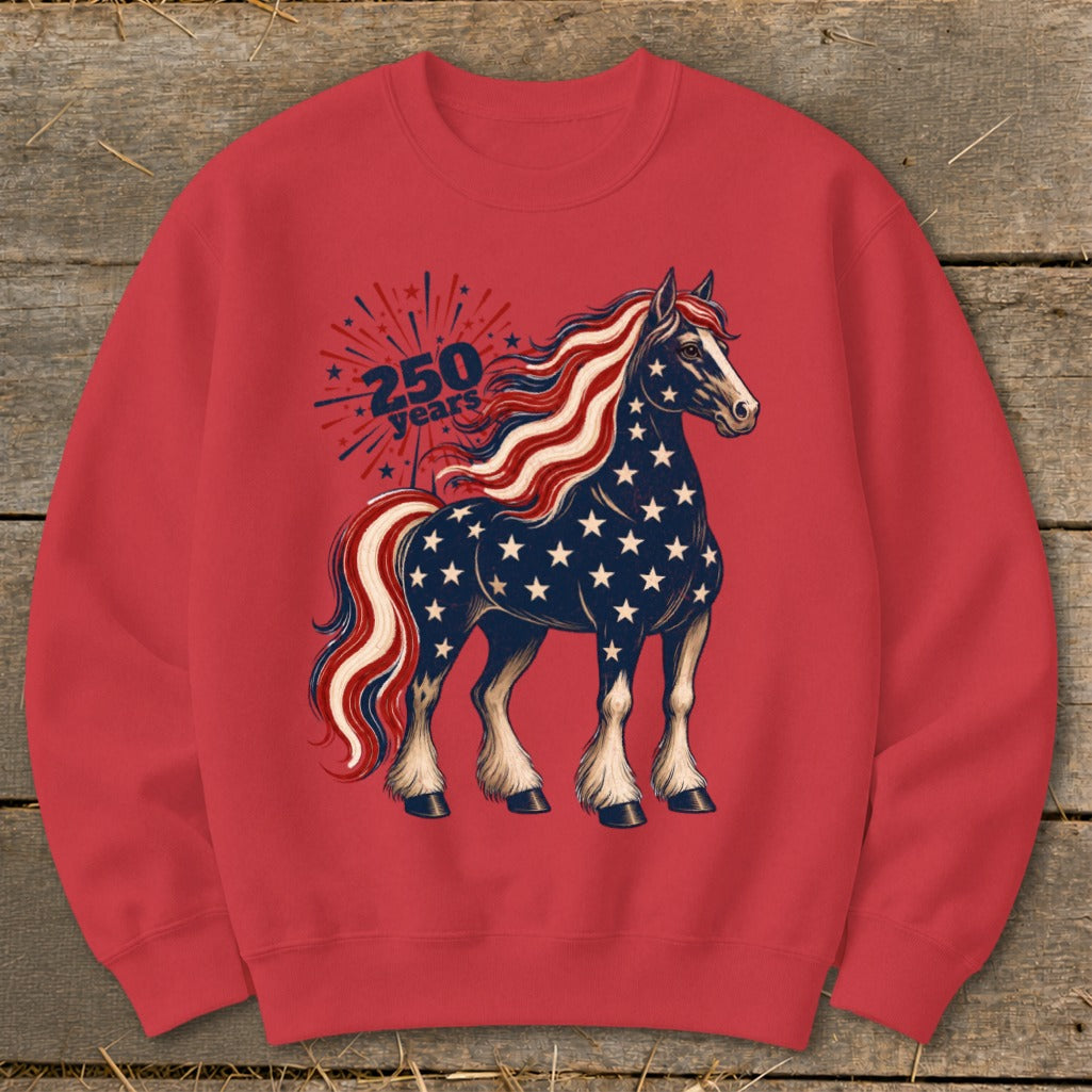 Red sweatshirt with patriotic horse graphic and "250 years" text.