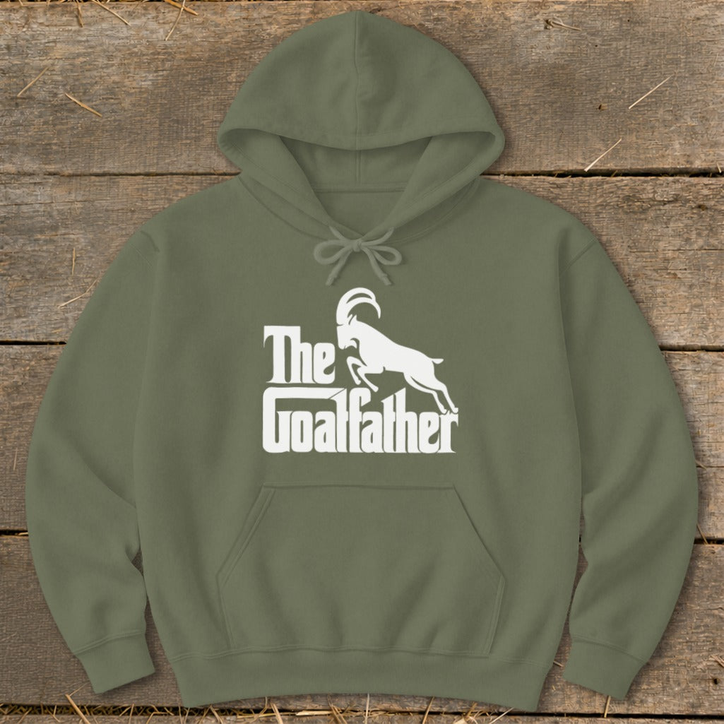 Olive green hoodie with white "The Goatfather" text and goat graphic.