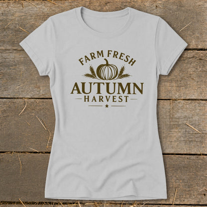 Light grey t-shirt with "Farm Fresh Autumn Harvest" graphic and pumpkin illustration.