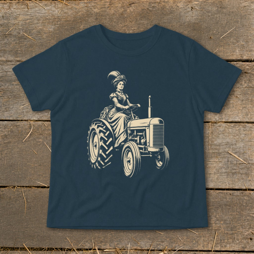 Vintage drawing of a woman in a Victorian dress driving a tractor.