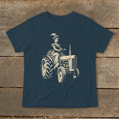Vintage drawing of a woman in a Victorian dress driving a tractor.