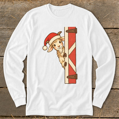 Cute goat in Santa hat peeking from behind a red barn door graphic.
