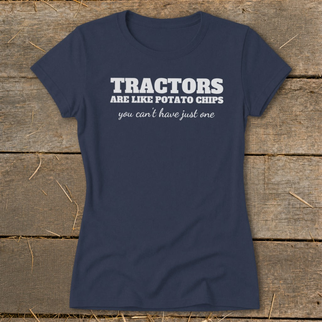 Navy t-shirt with white text: "Tractors are like potato chips you can't have just one."